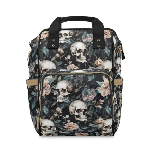 Skull and Cross Blooms Multifunctional Diaper Backpack- Gold strap