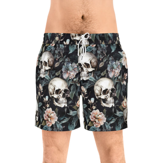 Skull and Cross Blooms Men's Mid-Length Swim Shorts