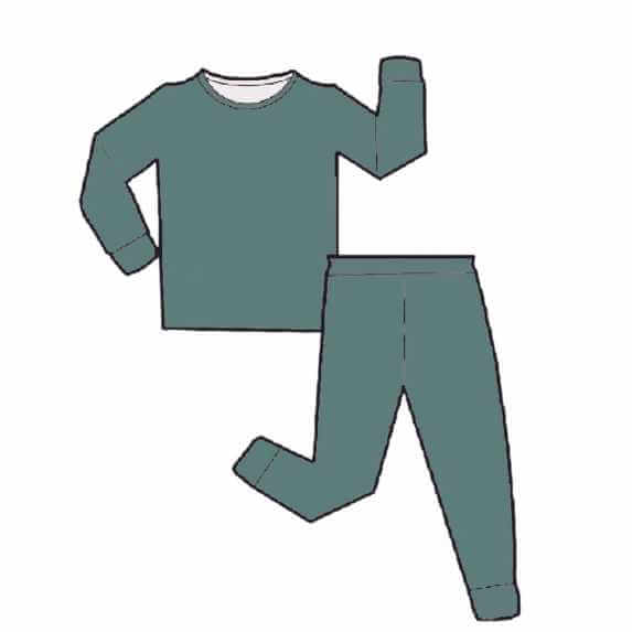 Illustration of Wren Ivy Co. bamboo two-piece pajama set in celadon green, displaying the simple and comfortable design for baby's restful sleep.