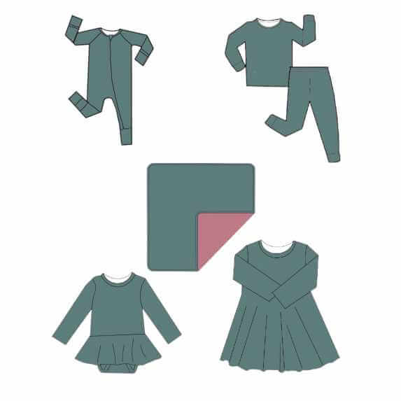 Set of Wren Ivy Co. bamboo baby clothing including pajamas, romper, and dresses in matching celadon green, highlighting the variety and versatility of the eco-conscious collection.