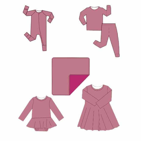 Set of Wren Ivy Co. On Wednesdays We Wear Pink, bamboo baby clothing including pajamas, romper, and dresses in matching celadon green, highlighting the variety and versatility of the eco-conscious collection.