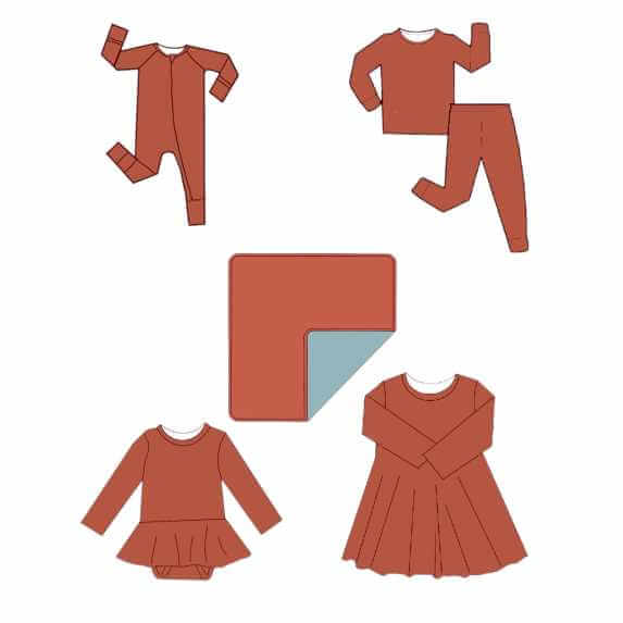 Wren Ivy Co. orange bamboo baby clothing set with pajamas, romper, and dresses, featuring eco-friendly and soft fabric for young children.