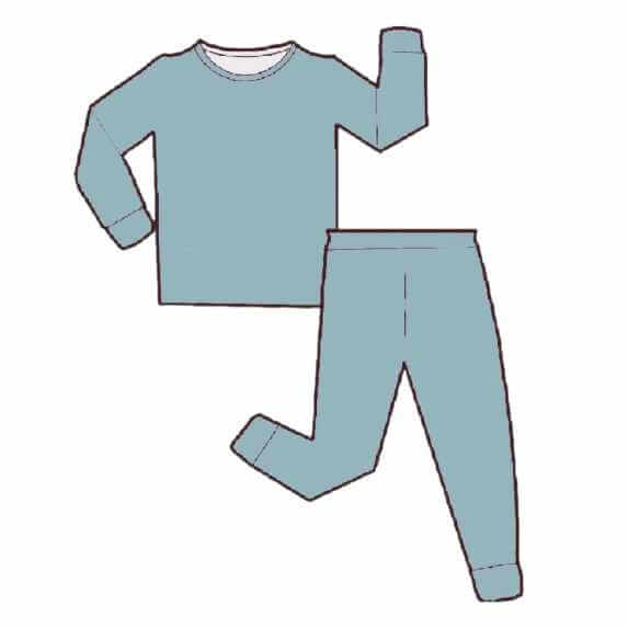 Wren Ivy Co. baby Sad Beige Baby Blue bamboo two-piece pajama set illustration, emphasizing the softness and hypoallergenic quality of the fabric.