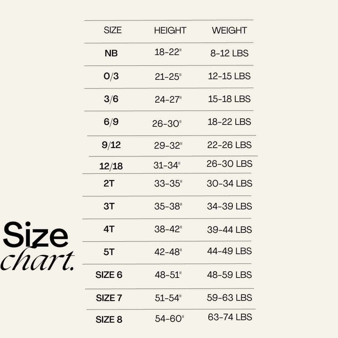 Wren Ivy Co. size chart detailing the different sizes available for bamboo baby clothing, from newborn to 6T, ensuring a perfect fit for all ages.