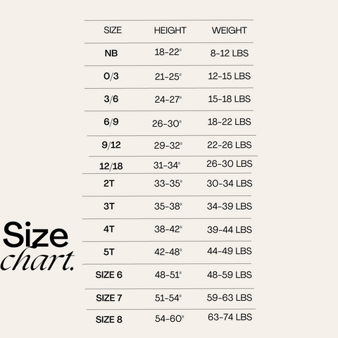 Wren Ivy Co size chart displaying clothing sizes for children based on height and weight in a minimalist beige style.